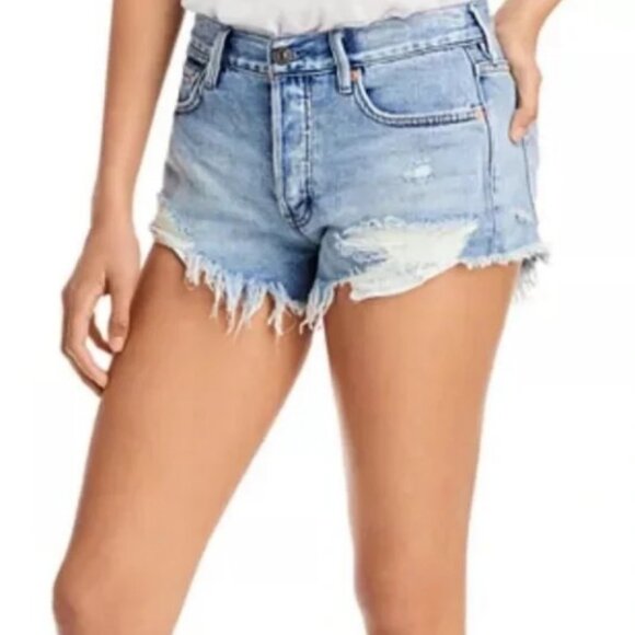 We The Free blue "Loving Good Vibration" distressed mini denim shorts size 29 - Picture 1 of 9